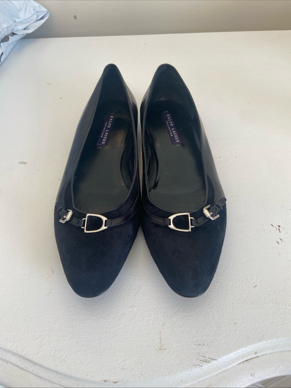 Ralph Lauren Black Suede & Patent Leather Pointed Ballet Flats